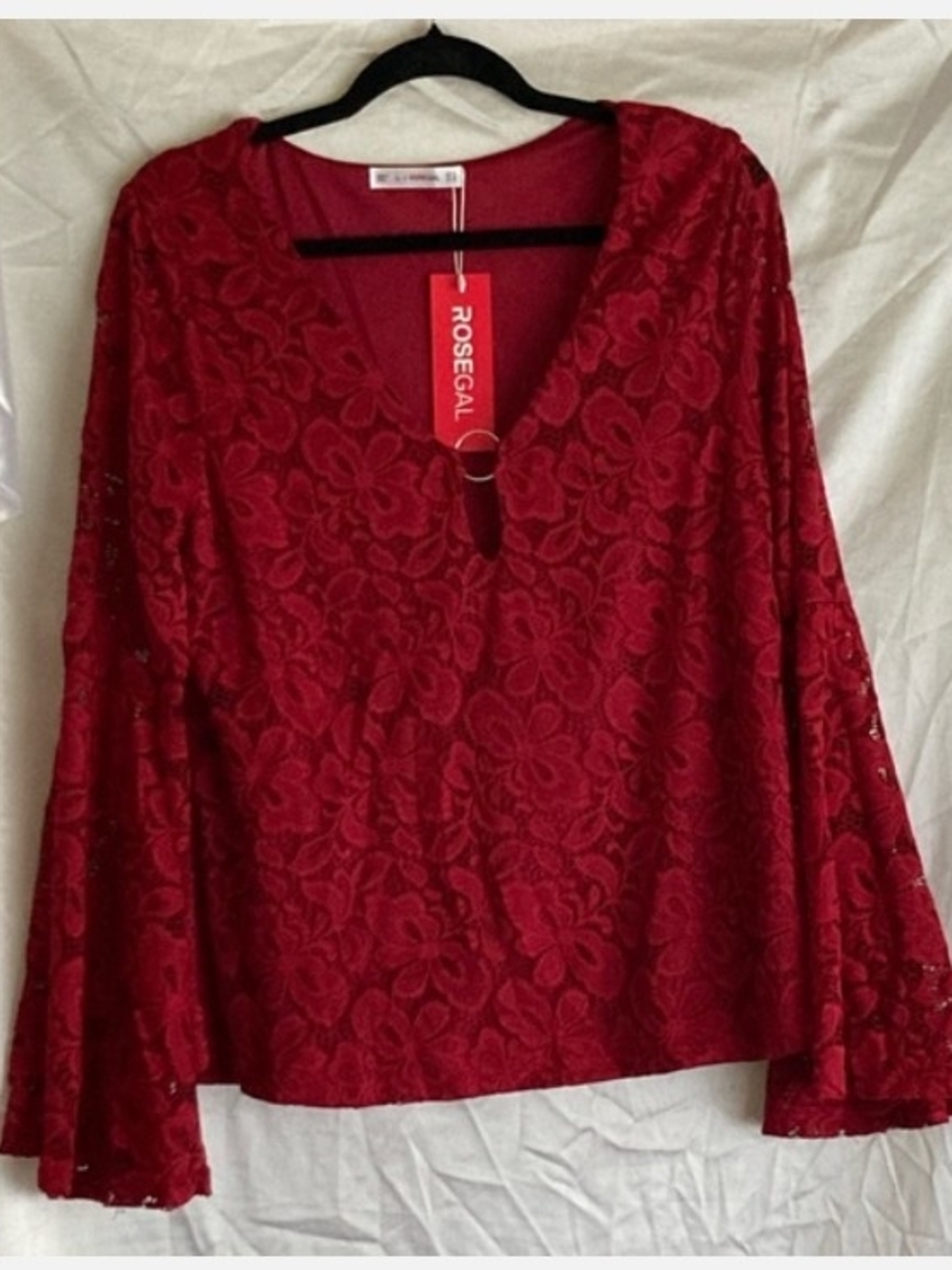 Rosegal Deep Red Floral Lace V-Neck Blouse